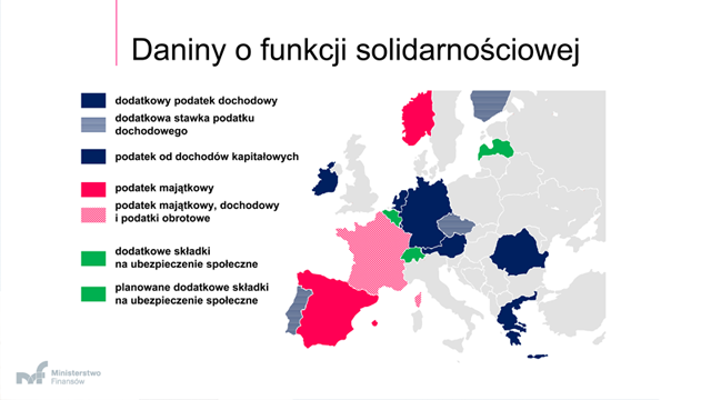 Mapa Europy wraz z zaznaczonymi daninami o funkcji solidarnościowej