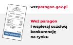 Grafika z paragonem, adresem strony wezparagon.gov.pl, napisem Weź paragon i wspieraj uczciwą konkurencję na rynku..