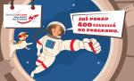 Grafika z kosmonautą i psem, z napisami już ponad czterysta zgłoszeń do programu, finansoaktywni, misja budżet, plan do działania