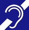 Grafika: biały znak przekreślonego ucha na niebieskim tle