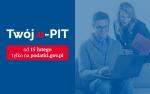 Uśmiechnięty mężczyzna i kobieta z teczką na której jest napis PIT-y patrzą na laptop. Obok napis Twój e-PIT od 15 lutego tylko na podatki.gov.pl.